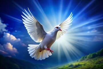 Fototapeta premium Serene White Dove on Vibrant Blue: Low Light Photography Stock Image