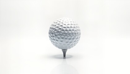 White golf ball sits perfectly on tee against plain white background. Sporty equipment poised for perfect swing. High-quality studio shot. Timeless image of golf. Pro golf imagery. Excellent for