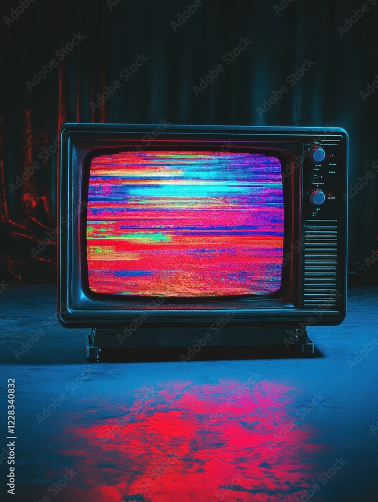 Poster retro television displaying colorful glitch patterns and static noise in a dark room. generative ai