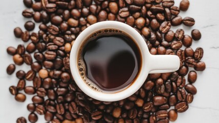 Fototapeta premium A steaming cup of black coffee surrounded by scattered coffee beans, evoking a warm and inviting atmosphere.