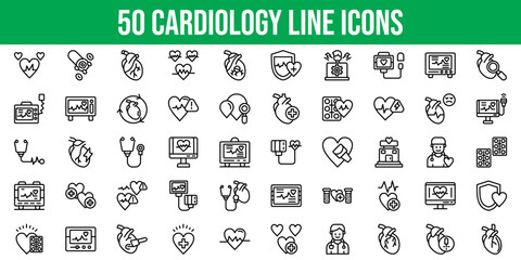 Set of 50 Outline Icons Related to Cardiology. Line Icon Collection. Editable stroke. Vector illustration