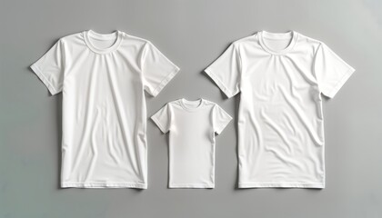 Three white t-shirts in varying sizes laid out flat on gray background. Shirts positioned in way suggesting family matching outfits. Suitable for both summer, winter fashion, basic, lightweight