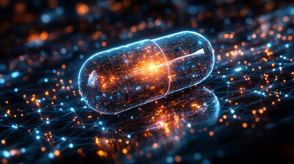 A digital pill symbolizing AI-driven precision medicine on a network background minimalistic design with bright tones and blurred empty space on the side

