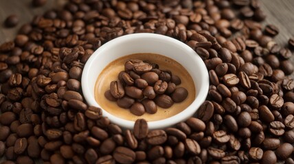 Fototapeta premium A steaming cup of espresso surrounded by an abundance of rich, dark coffee beans, creating a warm and inviting atmosphere.
