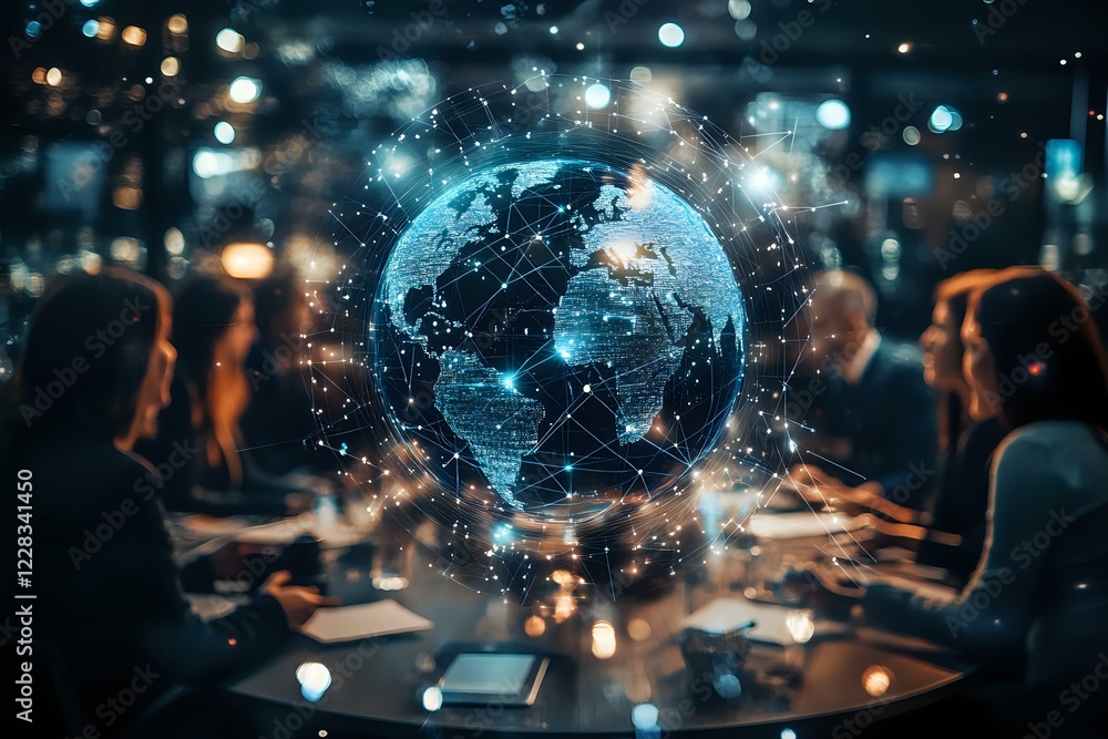 Poster digital hologram of glowing blue earth floating above business meeting table with diverse team in da