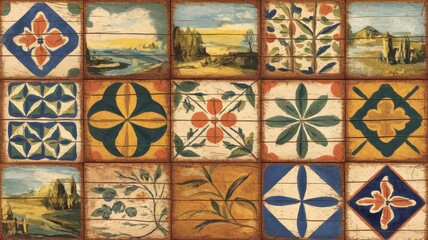 Colorful decorative tiles featuring floral and landscape designs, creating a vibrant and artistic mosaic of colors and patterns.