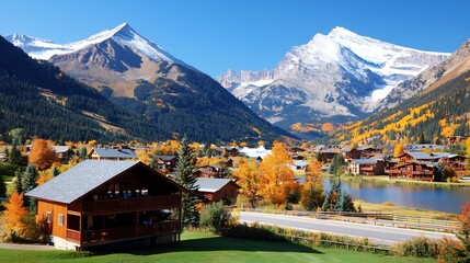 Fototapeta premium Scenic mountain view with autumn foliage, cozy cabins by a lake, and snow-capped peaks in background