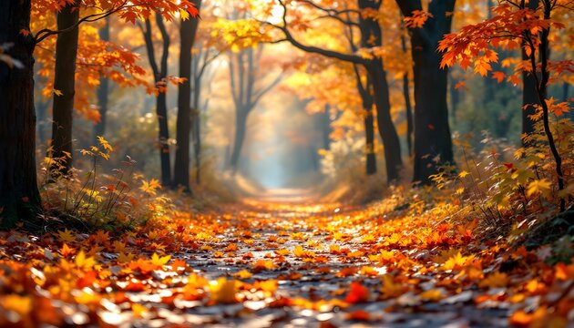 A hyper-realistic image of a forest path covered with vibrant autumn leaves in full color. The trees on either side of the path have brilliant orange, red, and yellow foliage, with the soft