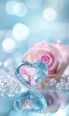 A delicate pink rose rests beside a radiant heart-shaped diamond, capturing the essence of romance and beauty on a charming table setting.