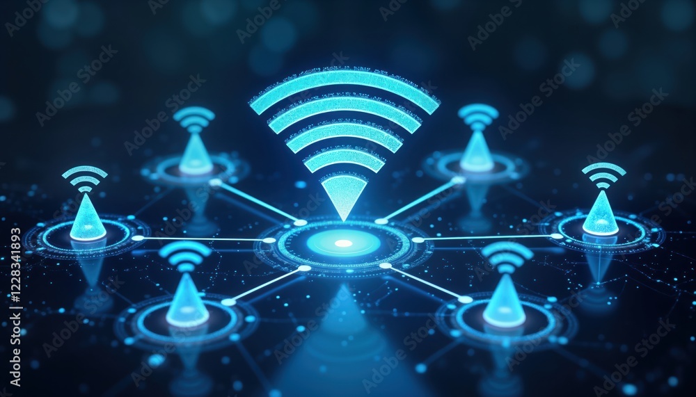 Poster abstract illustration of wifi network. multiple wifi icons connect in network. modern tech design. d