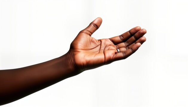 Close-up shot of empty African woman hand. Palm faces up. Hand outstretched. Image isolated on white background. Shows skin details. Hand conveys sense of openness offering. Could represent various