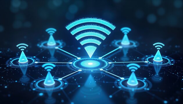 Abstract illustration of wifi network. Multiple wifi icons connect in network. Modern tech design. Digital connectivity evolution. Modern tech concept. Digital communication concept. Advanced