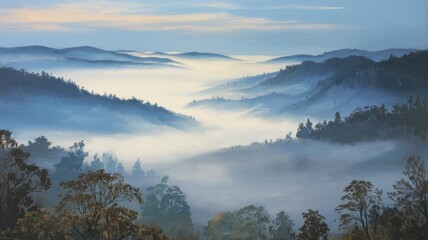 Obraz premium Serene landscape featuring rolling hills enveloped in soft morning mist, creating a tranquil atmosphere and a palette of blues and greens.