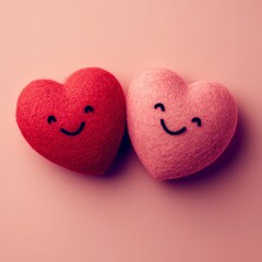 Two red paper hearts with smiley faces on a pink background. A playful and minimal Valentine's design for creative campaigns or personal use.