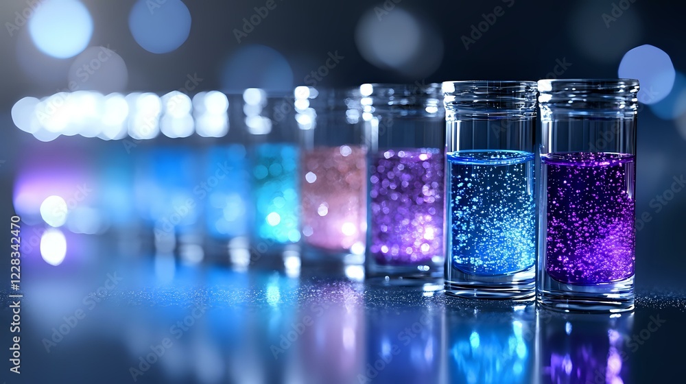 Poster glowing glass containers with luminescent liquid in blue and purple colors creating magical laborato