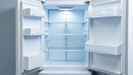 A brightly lit, empty refrigerator stands with its doors open, showing clean, empty shelves. Concept of a fresh start.