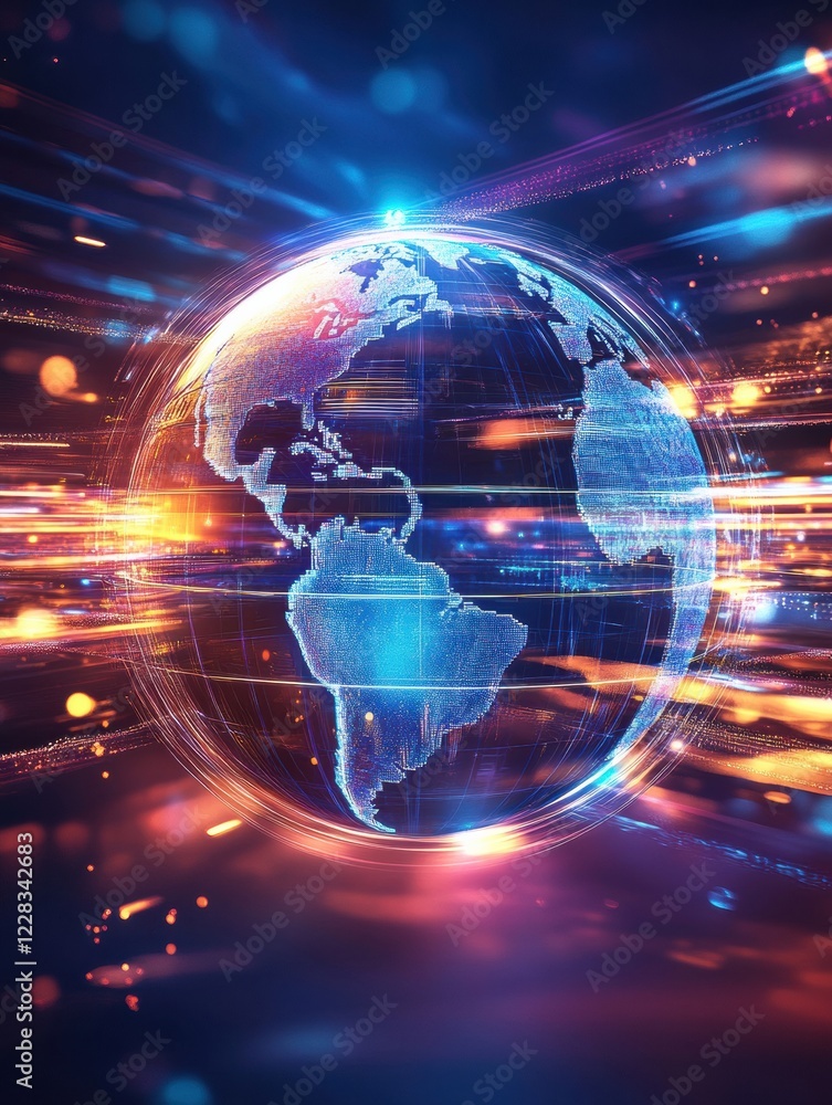 Poster Spinning globe with glowing contour lines illuminating the continents and oceans in a vibrant digital display. Generative AI