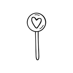 Simple black and white doodle lollipop. Vector stock image isolated on white background. Single doodle clipart. Picture for sweets and snack illustration, holiday and baby design. 