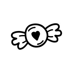 Vector candy in a heart wrapper in doodle style. Picture for sweets and snack illustration, holiday and baby design. Black and white simple illustration. Vector stock image  