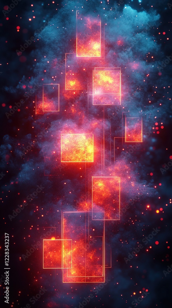 Poster glowing rectangles floating in space with blurry background, possible sci-fi backdrop