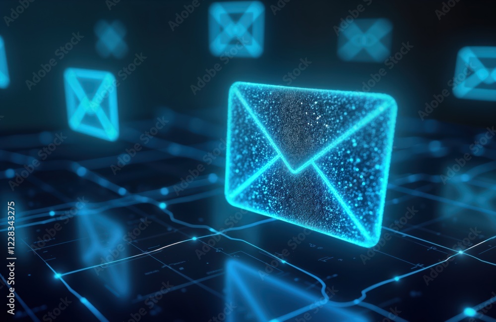 Poster Digital email marketing concept. Futuristic email icon glows with light particles. Abstract network background with email symbols. Modern communication tech and content distribution in virtual space.