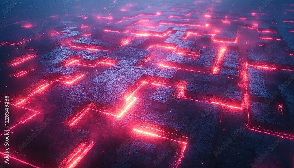 Poster glowing red grid on textured floor; digital tech background or abstract overlay