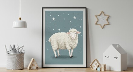 Whimsical sheep illustration in a cozy room with playful decor