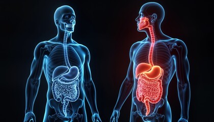 3D medical illustration shows human digestive tract. Visible organs like stomach, intestines. Red highlights areas of pain temperature changes. Animation style shows tech for medical study diagnosis.