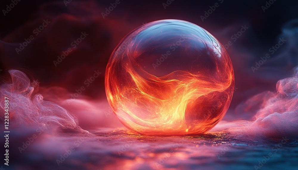 Poster glowing sphere with fiery core on a hazy surface, may be used for design