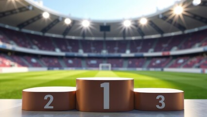 A podium with numbers 1, 2, and 3 is set in a blurred stadium. Concept of sports achievement.