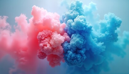 Abstract photo shows pink, blue colored smoke dye mixing on blue background. Colorful cloud-like structures of pink, blue pigments create visually stunning pattern. Abstract art piece mixing of