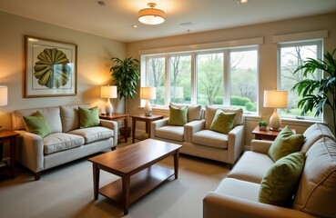 Fototapeta premium Modern nursing home common area designed for comfort, relaxation. Warm lighting, soft furnishings create welcoming atmosphere. Natural decor, large windows offer views of nature. Comfortable seating,