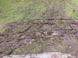 Large grassy area with clear tire track, the track have churned up the grass, leaving behind muddy patches, the ground appears to be quite wet