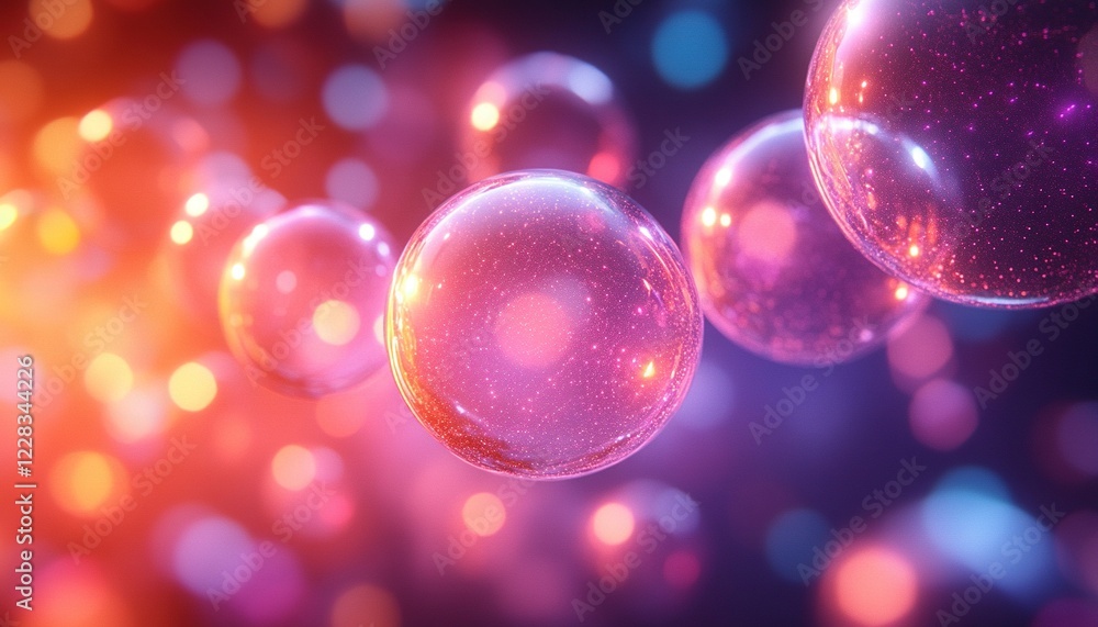 Poster glowing spheres float in the air with bokeh lights, possible background for tech
