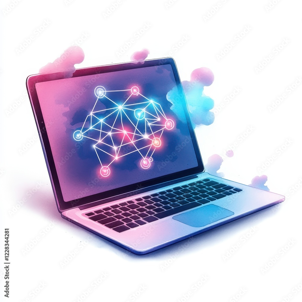 Poster business strategy technology execution concept. digital laptop displaying a network graphic in vibra
