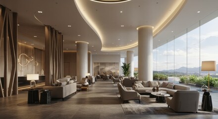 Obraz premium Modern hotel lobby featuring elegant furniture and scenic views outside
