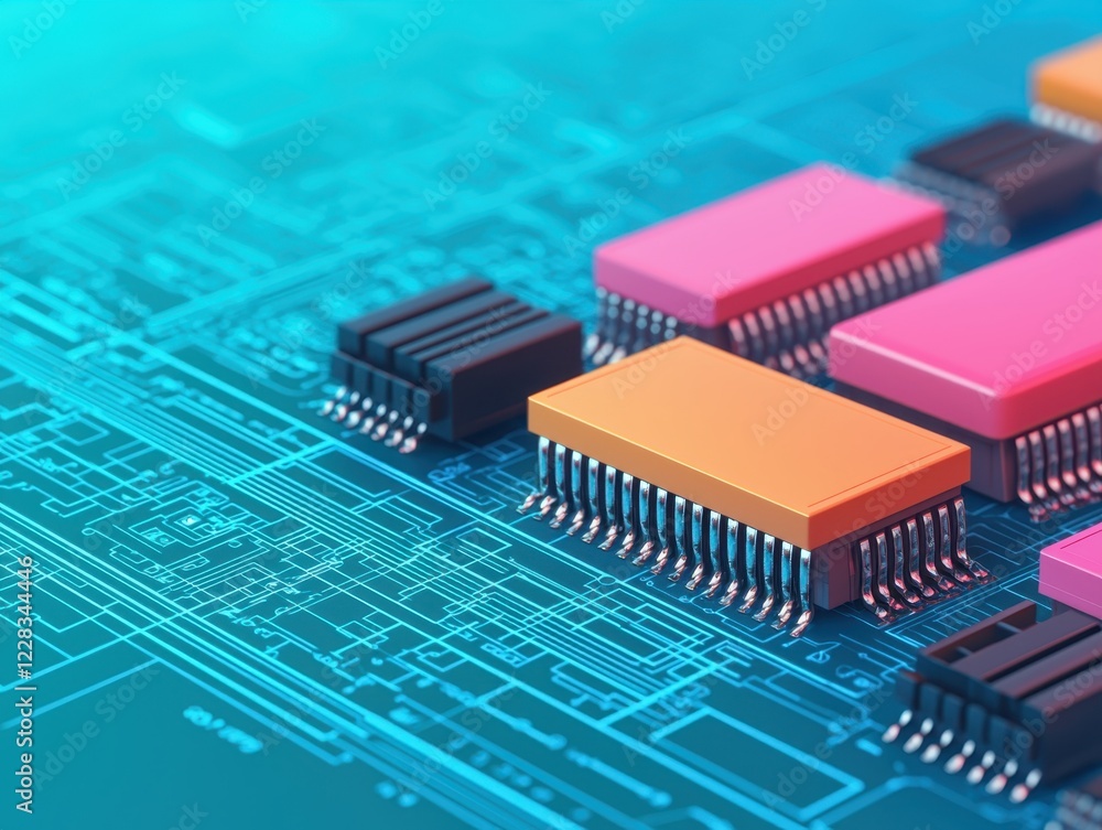 Poster business strategy technology execution concept. colorful microchip design on a blue circuit board ba