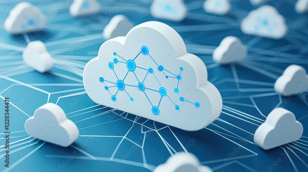 Poster business strategy technology execution concept. digital clouds with interconnected nodes on a blue b
