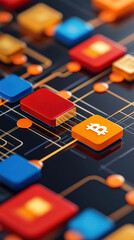 Business strategy technology execution concept. Colorful digital interface with app icons and connections.