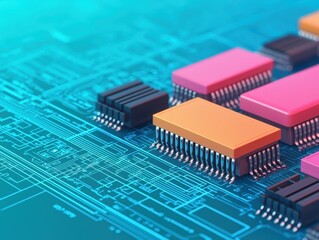 Business strategy technology execution concept. Colorful microchip design on a blue circuit board background