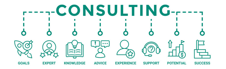 Consulting banner web icon vector illustration concept for business consultation with an icon of goals, expert, knowledge, advice, experience, support, potential, and success