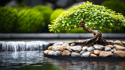 Serene Bonsai Tree by Waterfall