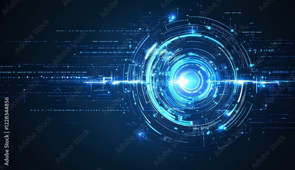 Poster futuristic blue circular technology interface with glowing center and digital data streams on dark b