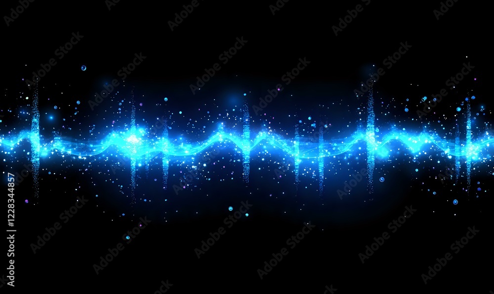 Poster glowing blue sound wave with sparkling particles on black background, digital audio spectrum visuali