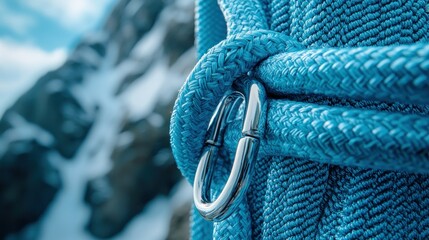 Blue rope secured with carabiner on snowy mountain, winter climb