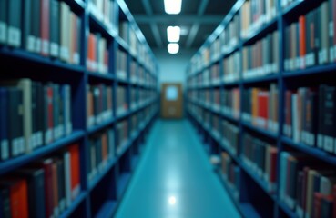 Extensive library interior. Blue bookshelves extend into distance. Numerous books arranged orderly. File cabinet visible. Research, study environment. Classic, vintage feel. Knowledge, information