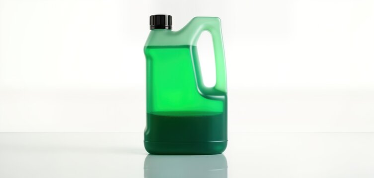 Isolated symmetrical green plastic container. Bottle full of liquid. Product shot on white background. Potential uses include antifreeze for car engines. Appealing to car parts, maintenance