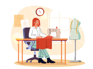 Seamstress working at sewing machine. Vector illustration