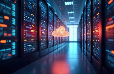 Fototapeta premium Modern tech infrastructure with glowing tech servers, cloud computing concept. Networked data center displays data streams. Futuristic digital communication system. Cloud storage concept. Global