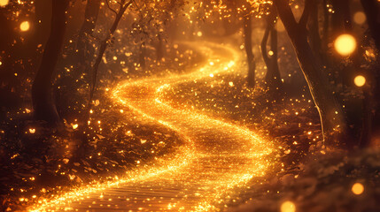 Glowing golden path with shimmering lights and bokeh effects creates magical atmosphere. warm tones and smooth curves evoke sense of wonder and elegance. Shimmering Path. Illustration